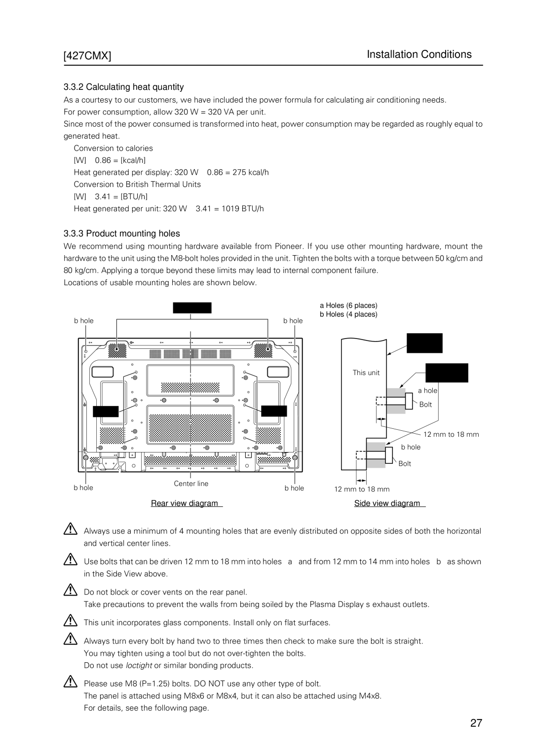 Pioneer PDP 427CMX technical manual 427CMX Installation Conditions, Holes 6 places Holes 4 places 