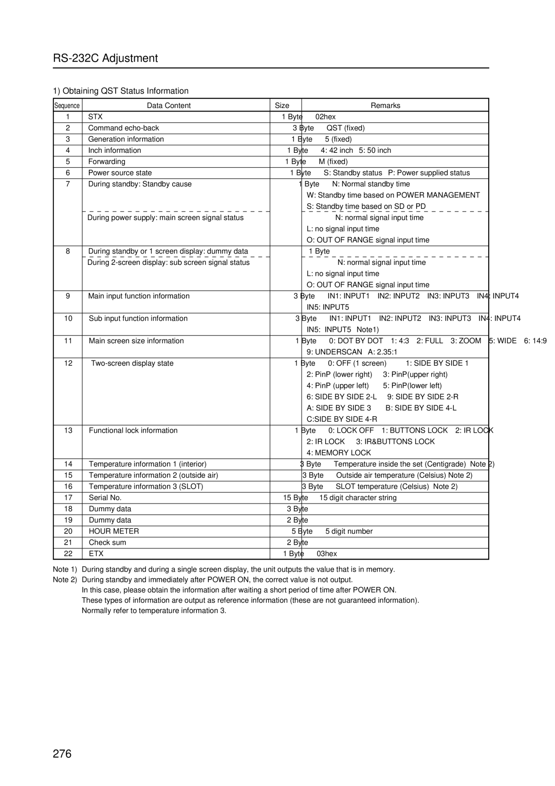 Pioneer PDP 427CMX technical manual Obtaining QST Status Information, Data Content Size Remarks 