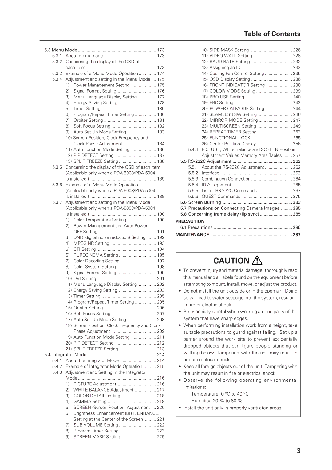 Pioneer PDP 427CMX technical manual Table of Contents 