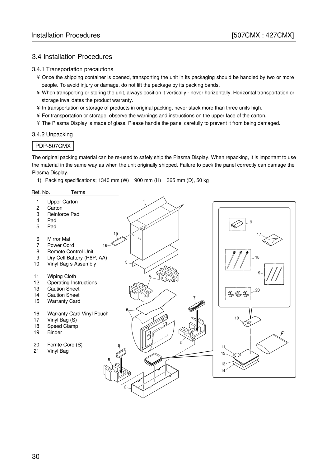 Pioneer PDP 427CMX Installation Procedures 507CMX 427CMX, Transportation precautions, Unpacking PDP-507CMX, Ref. No Terms 