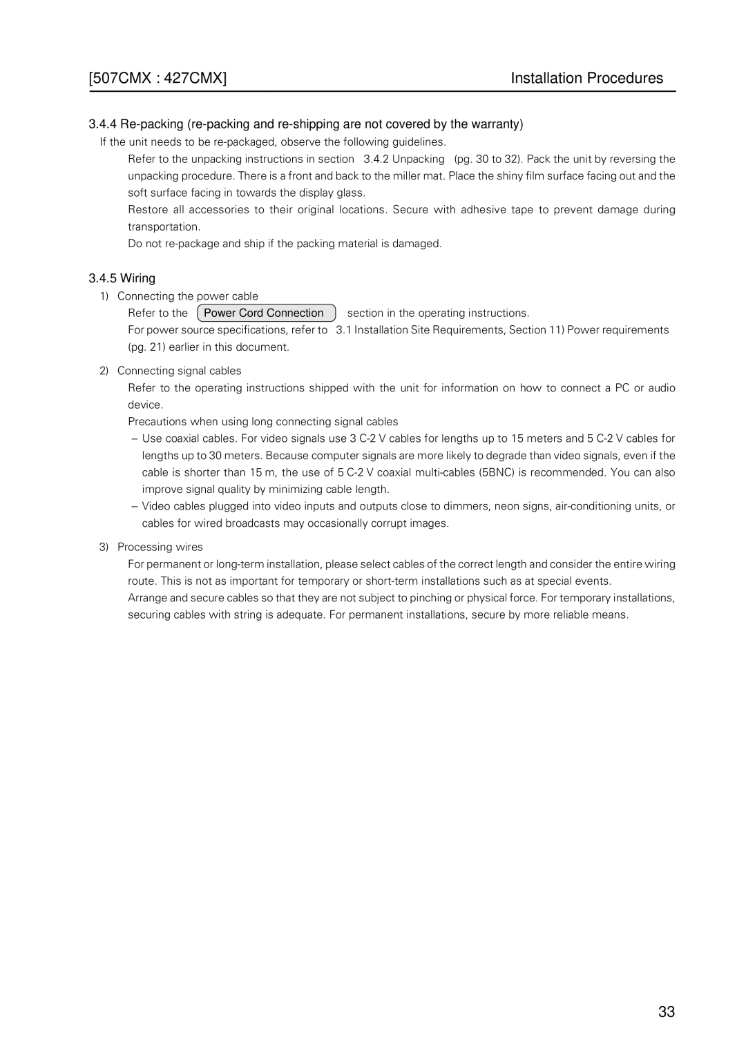 Pioneer PDP 427CMX technical manual 507CMX 427CMX Installation Procedures, Wiring 