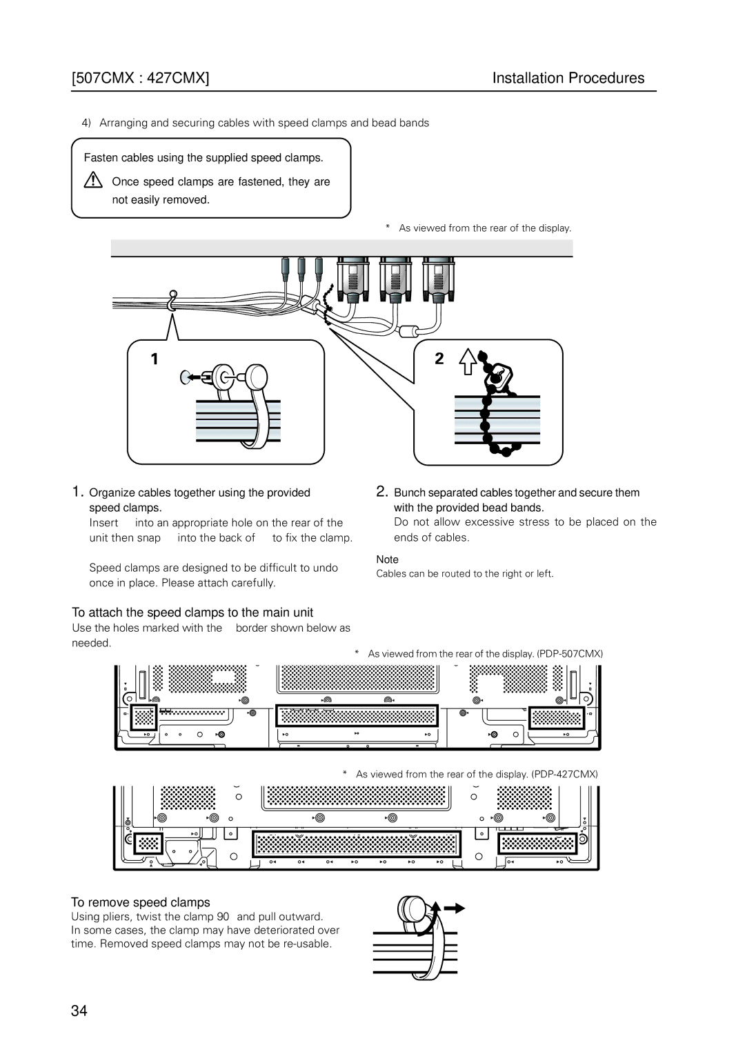 Pioneer PDP 427CMX technical manual To attach the speed clamps to the main unit, To remove speed clamps 