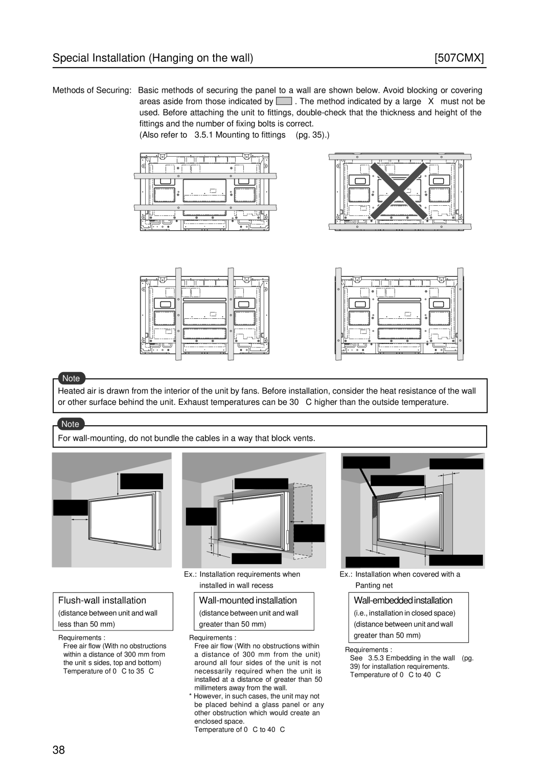 Pioneer PDP 427CMX Special Installation Hanging on the wall 507CMX, Flush-wall installation, Wall-mounted installation 