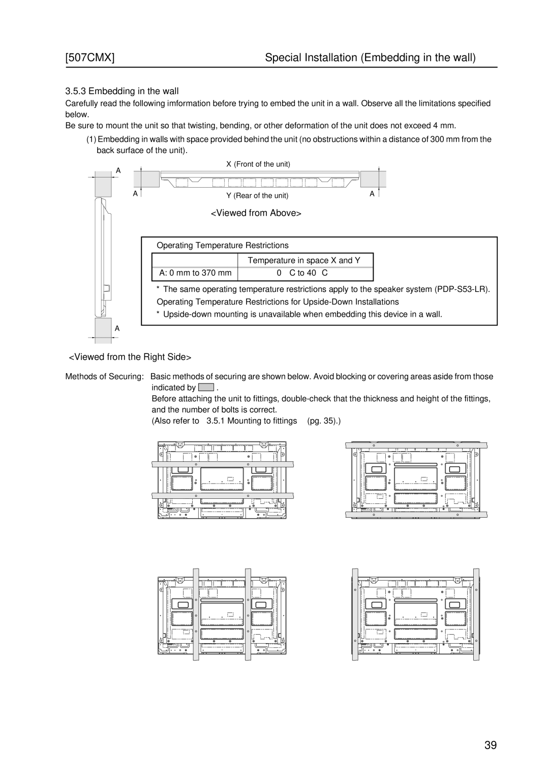 Pioneer PDP 427CMX 507CMX Special Installation Embedding in the wall, Viewed from Above, Viewed from the Right Side 