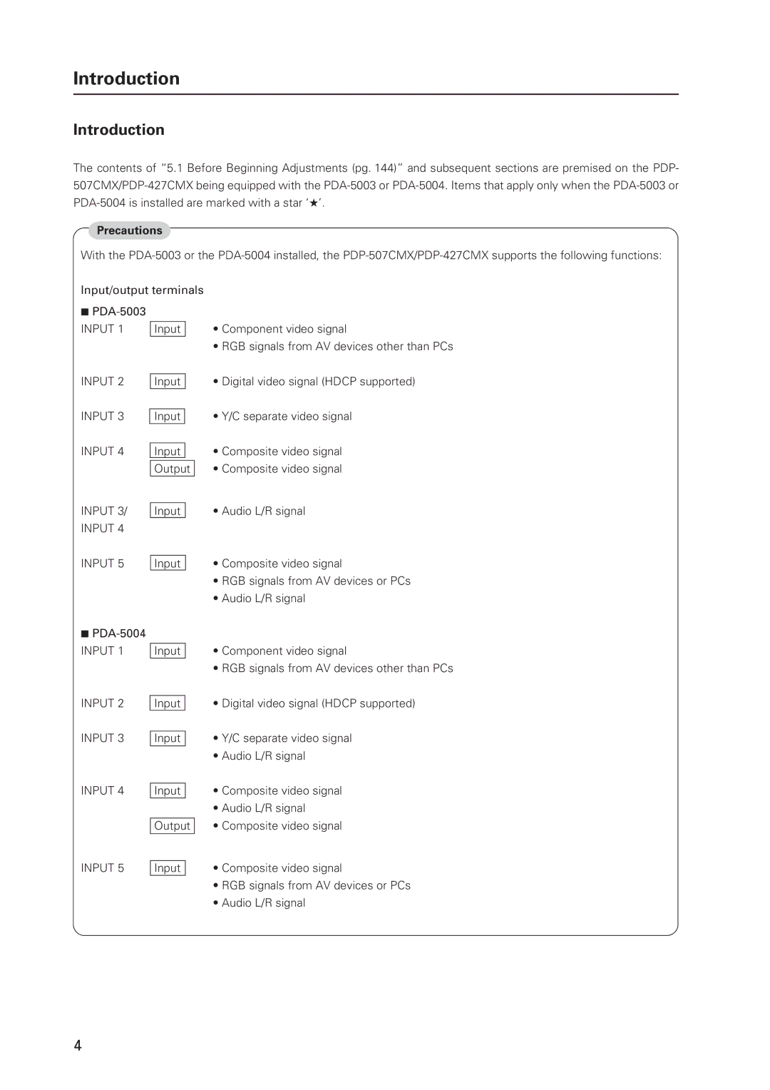 Pioneer PDP 427CMX technical manual Introduction, Precautions, Input, RGB signals from AV devices other than PCs 