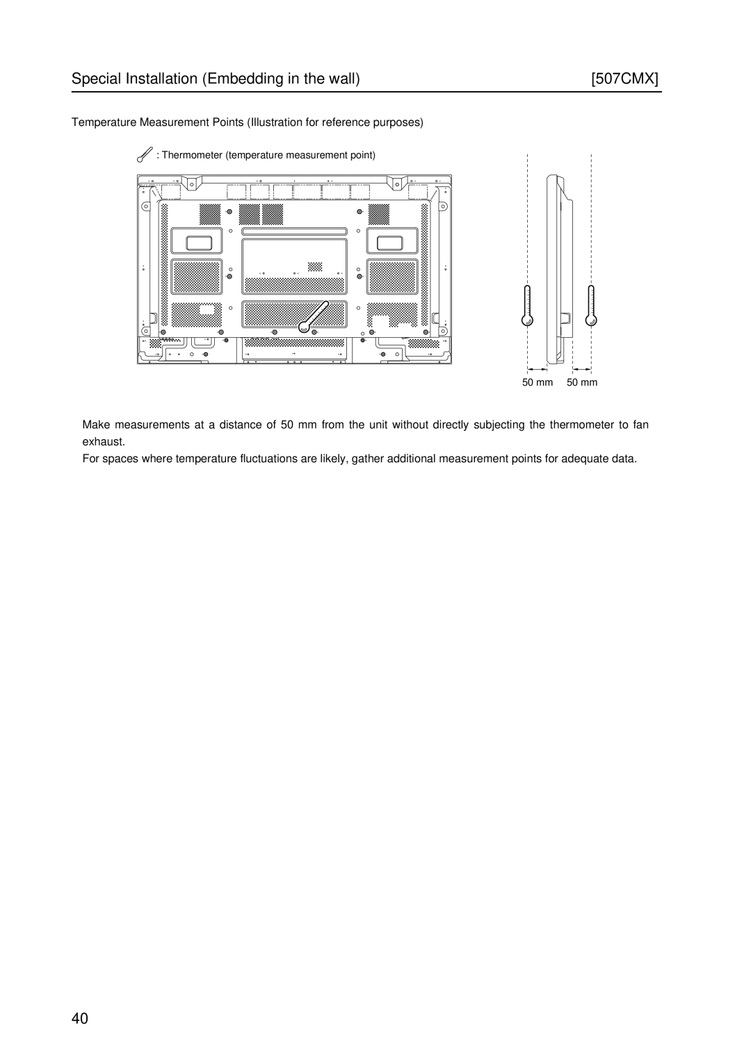 Pioneer PDP 427CMX Special Installation Embedding in the wall 507CMX, Thermometer temperature measurement point 