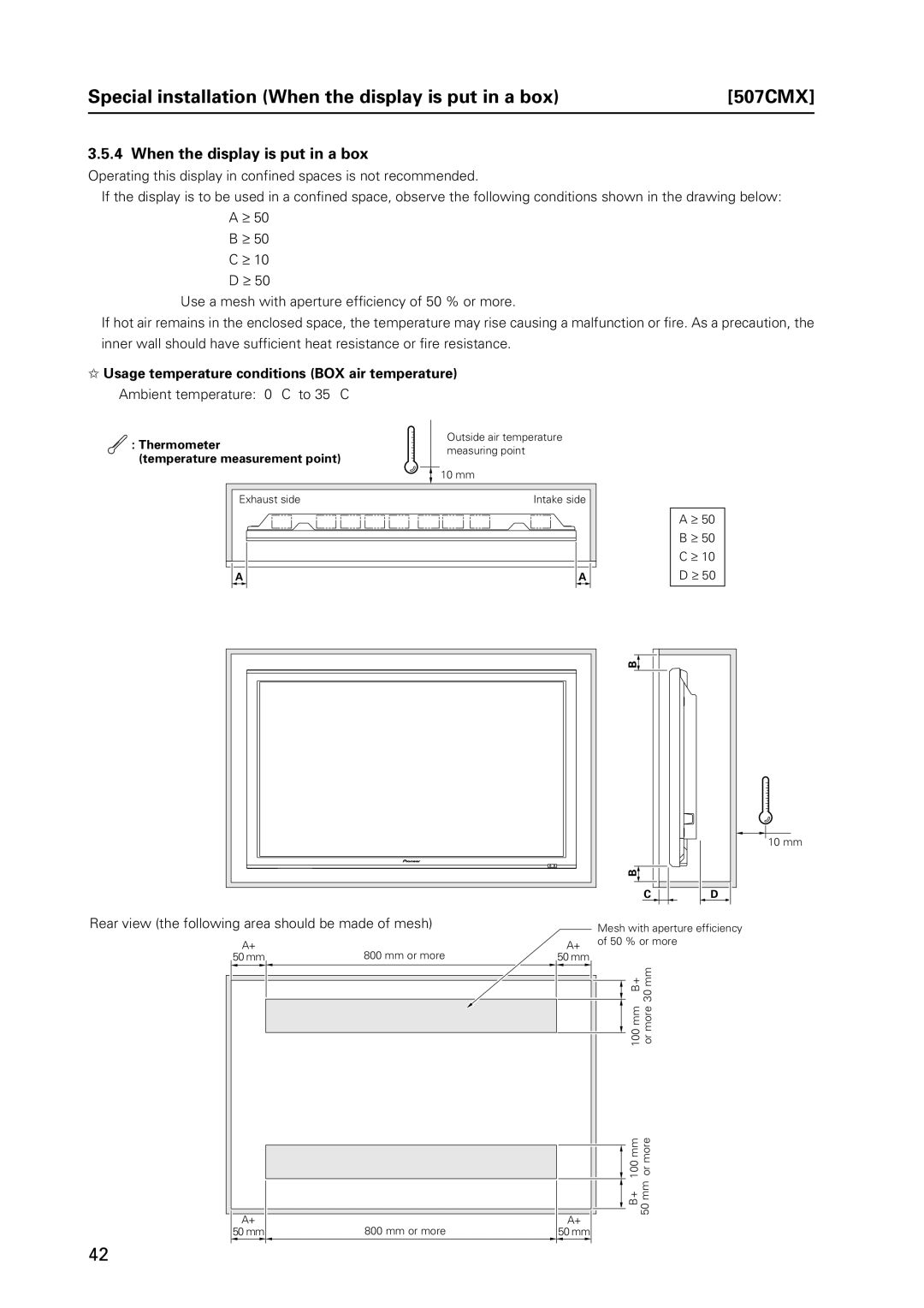 Pioneer PDP 427CMX technical manual When the display is put in a box, Usage temperature conditions BOX air temperature 