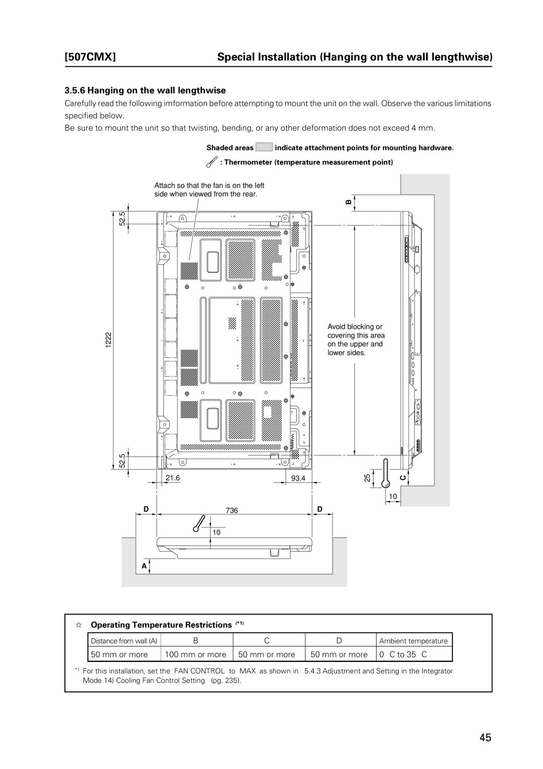 Pioneer PDP 427CMX 507CMX Special Installation Hanging on the wall lengthwise, Operating Temperature Restrictions *1 