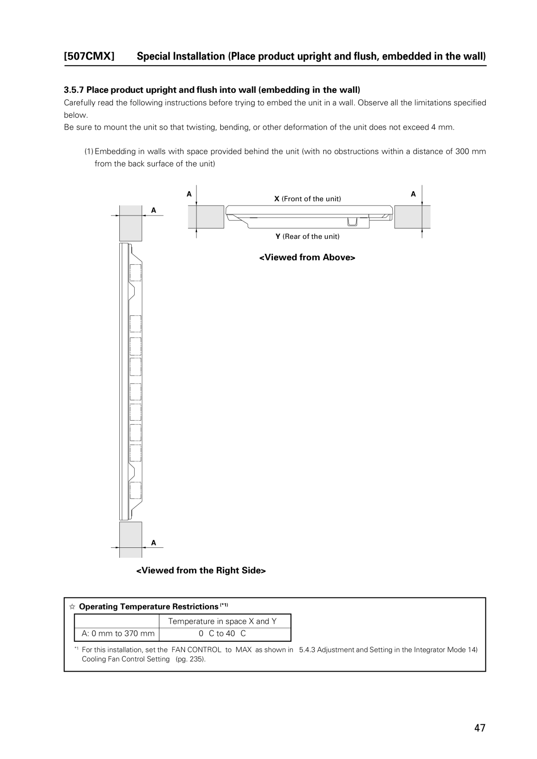 Pioneer PDP 427CMX technical manual Viewed from Above Viewed from the Right Side, Temperature in space X and Y Mm to 370 mm 