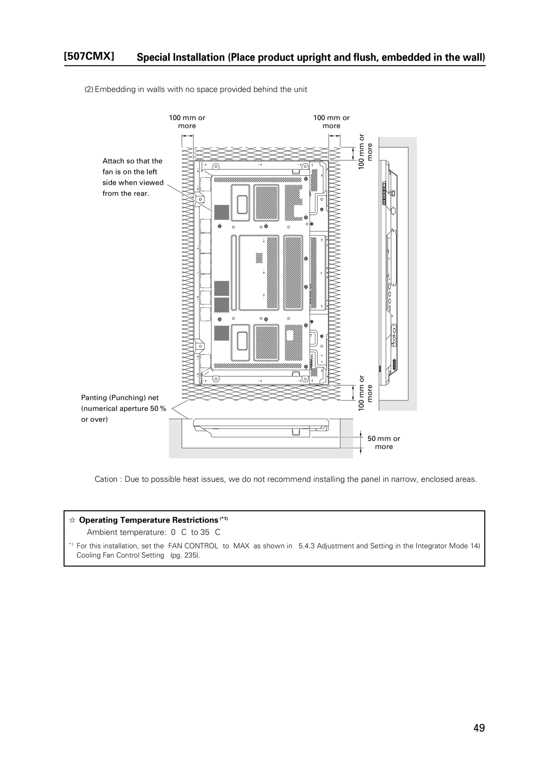 Pioneer PDP 427CMX technical manual Embedding in walls with no space provided behind the unit 