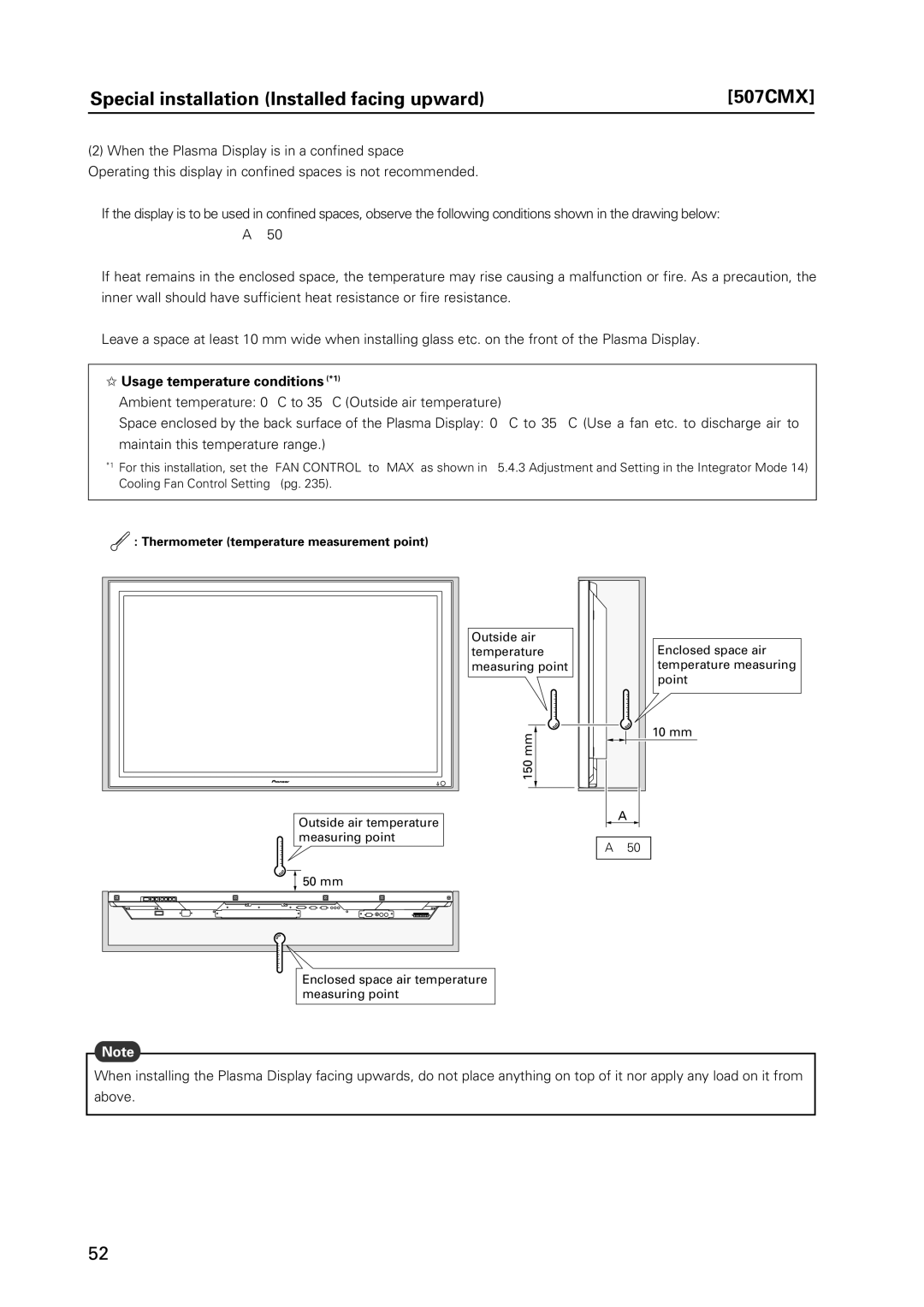 Pioneer PDP 427CMX technical manual Special installation Installed facing upward 507CMX, Usage temperature conditions *1 