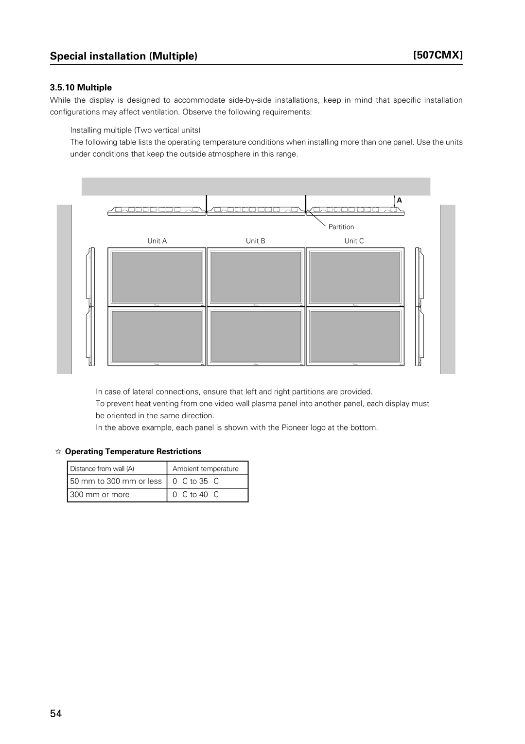 Pioneer PDP 427CMX technical manual Special installation Multiple 507CMX, Mm to 300 mm or less To 35 C Mm or more To 40 C 