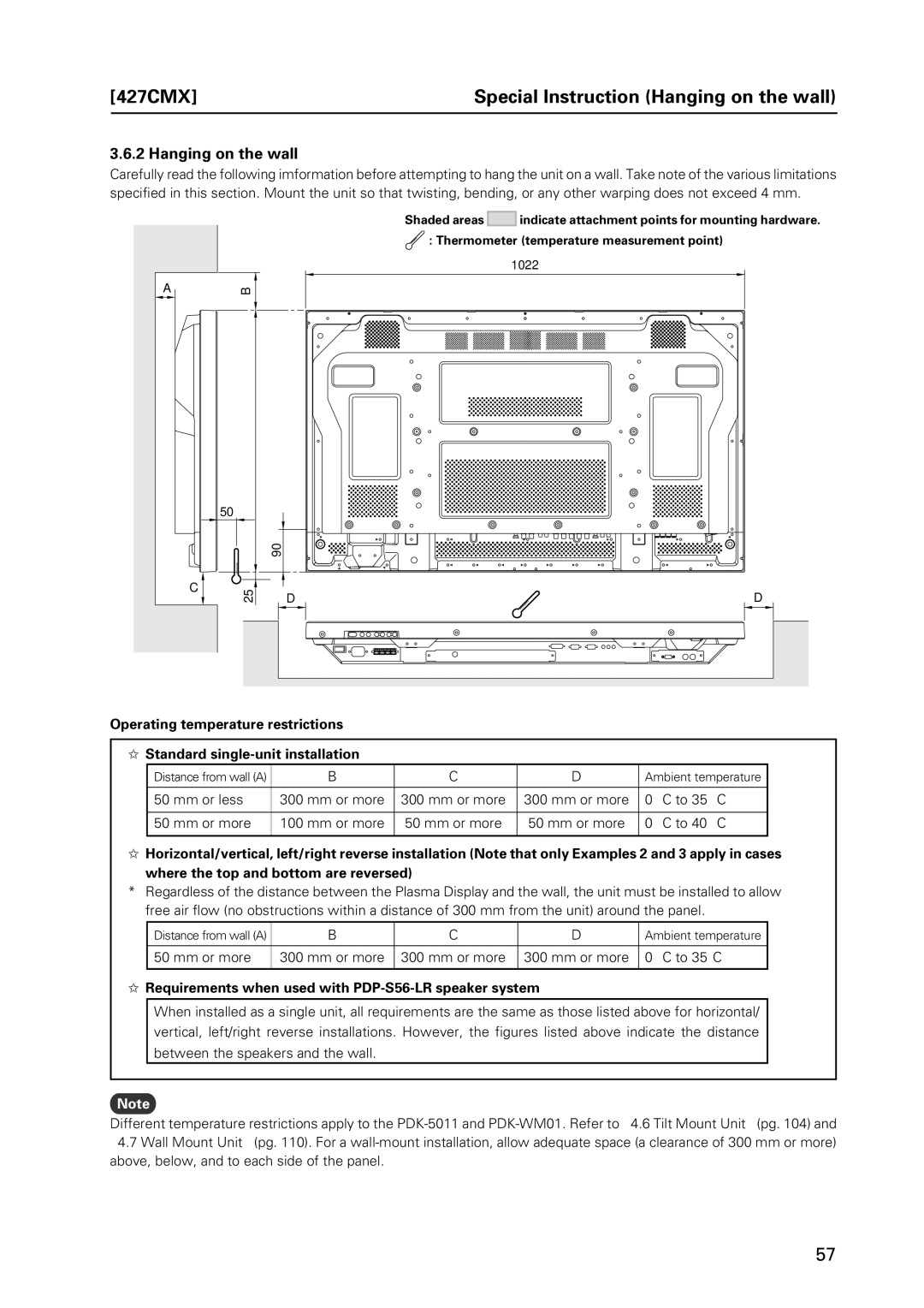 Pioneer PDP 427CMX 427CMX Special Instruction Hanging on the wall, Requirements when used with PDP-S56-LR speaker system 