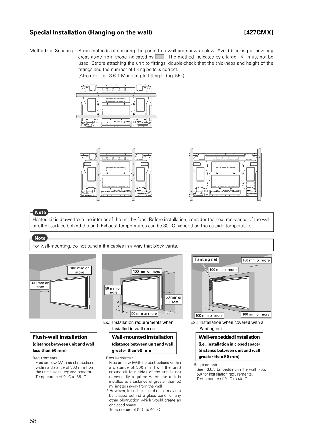 Pioneer PDP 427CMX technical manual Special Installation Hanging on the wall 427CMX, Flush-wall installation 