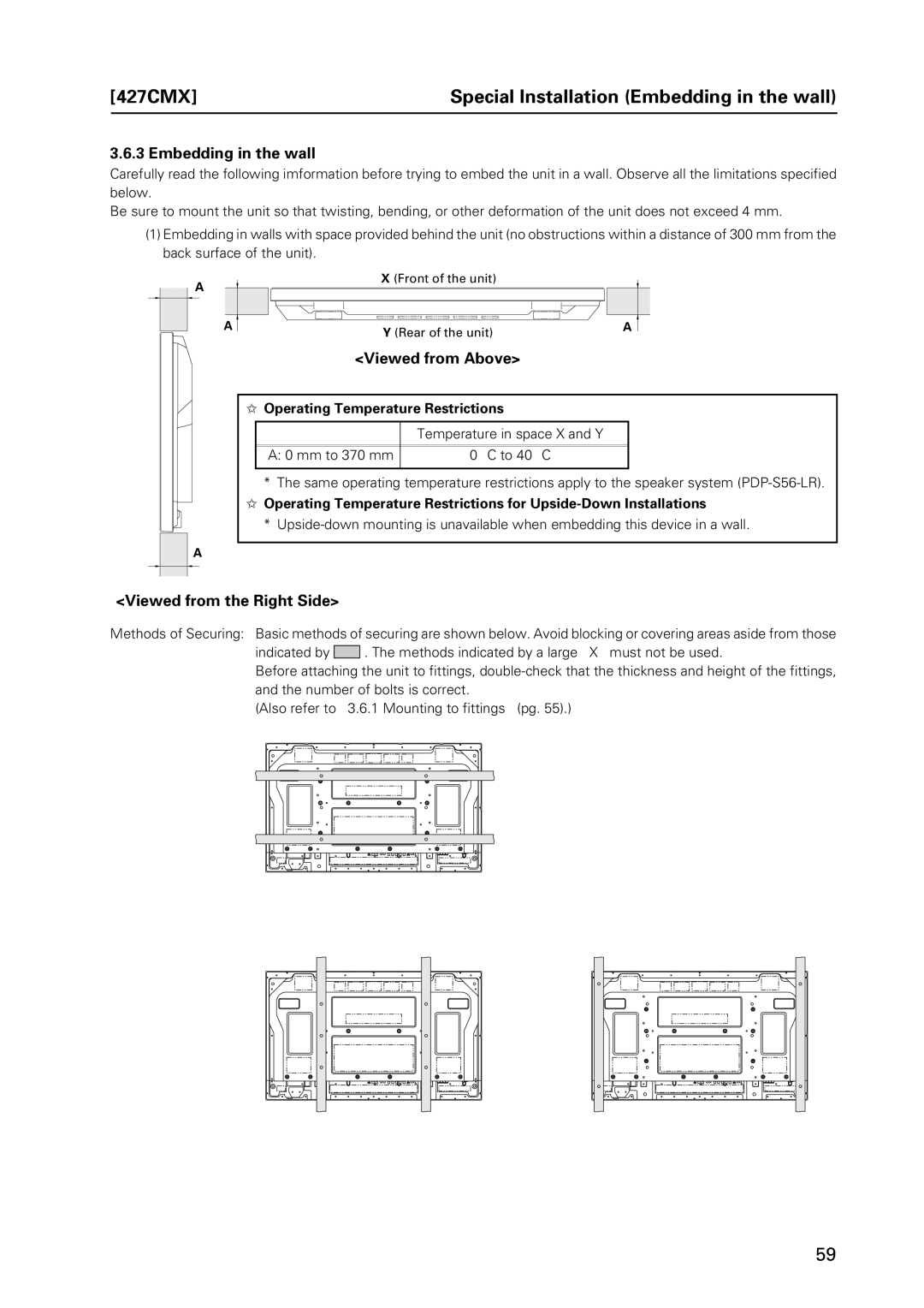 Pioneer PDP 427CMX technical manual 427CMX Special Installation Embedding in the wall, Front of the unit Rear of the unit 