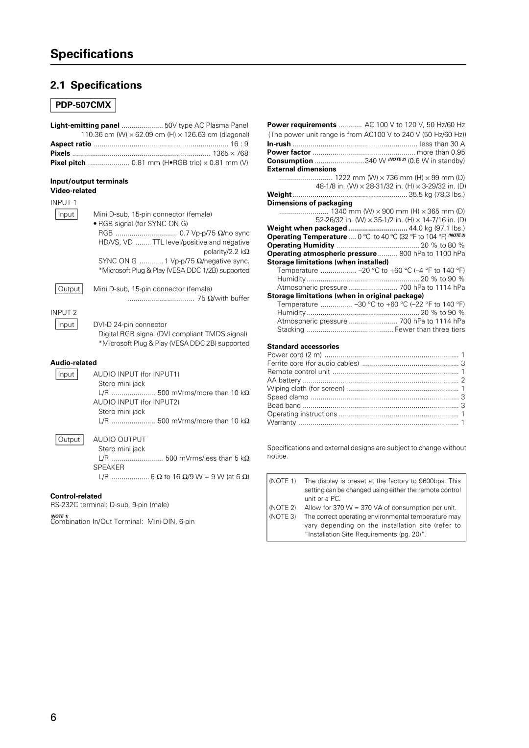 Pioneer PDP 427CMX technical manual Specifications 