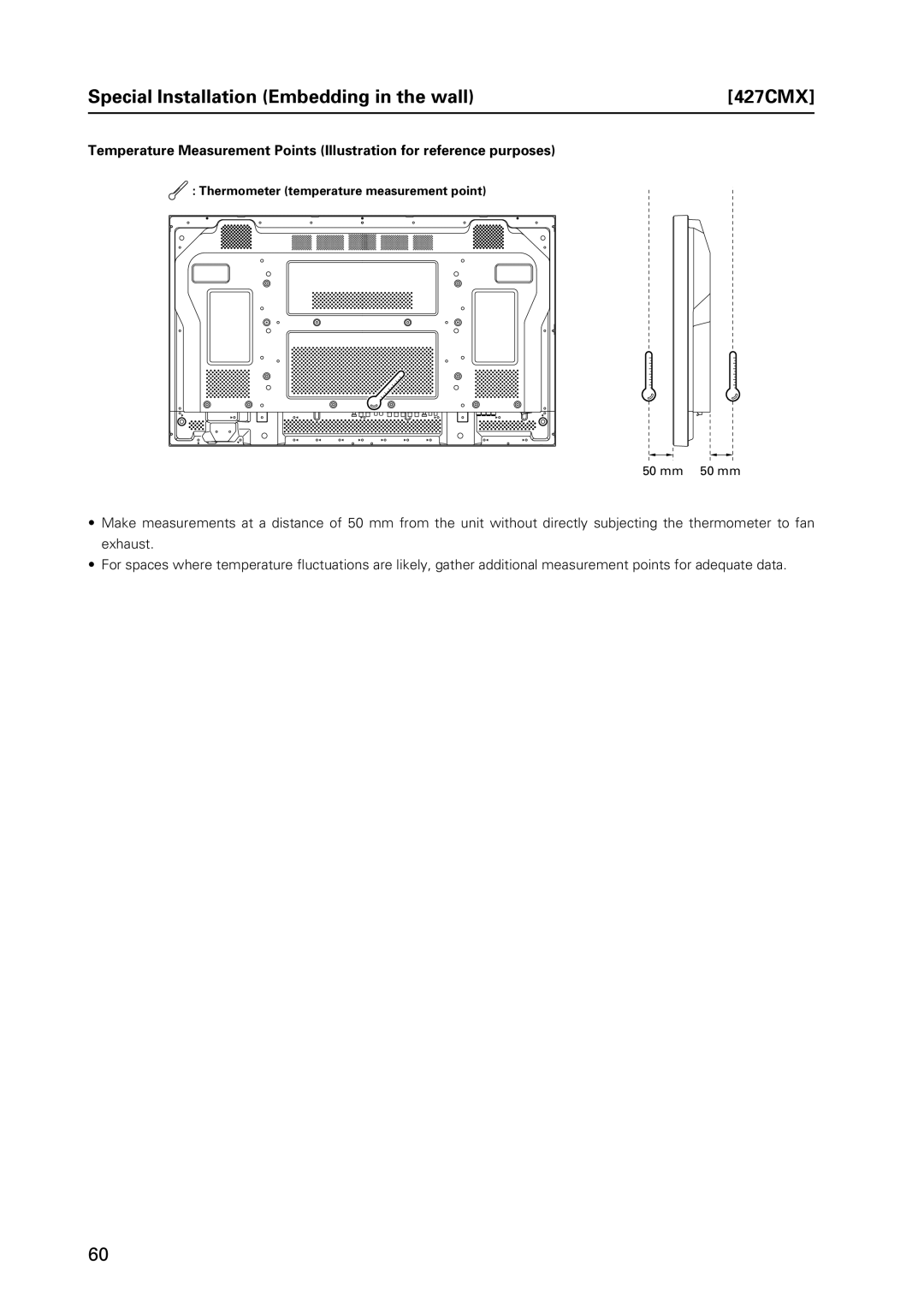 Pioneer PDP 427CMX Special Installation Embedding in the wall 427CMX, Thermometer temperature measurement point 