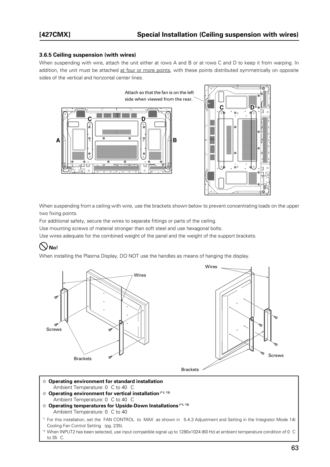 Pioneer PDP 427CMX technical manual 427CMX Special Installation Ceiling suspension with wires, Ambient Temperature 0 C to 