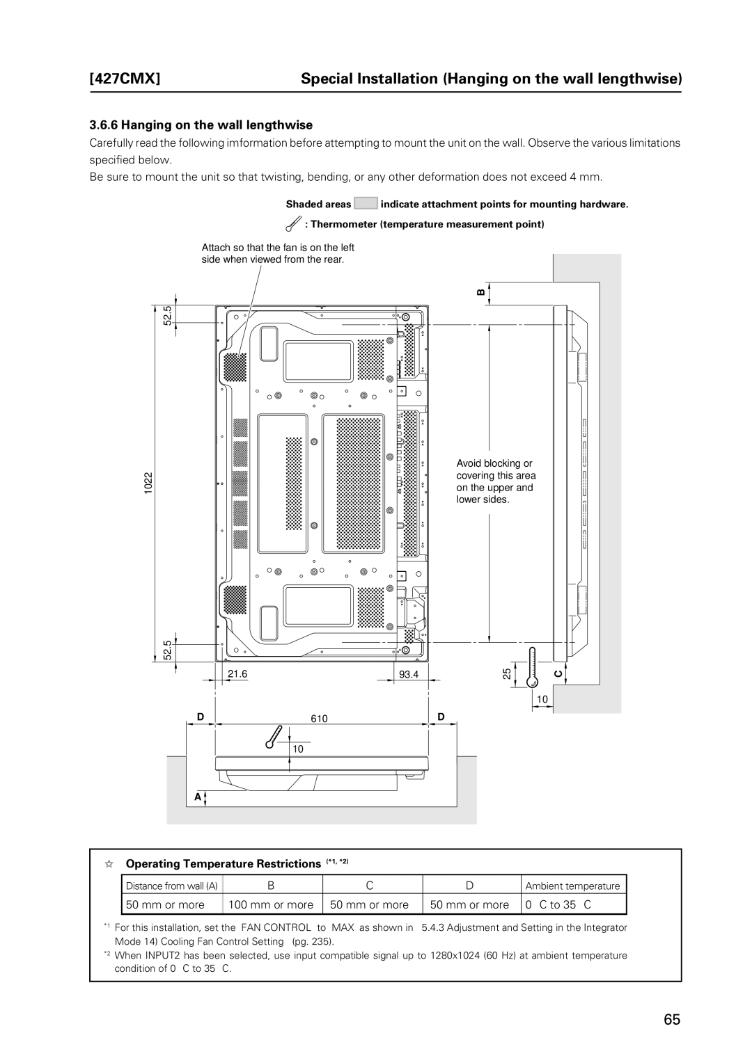 Pioneer PDP 427CMX 427CMX Special Installation Hanging on the wall lengthwise, Operating Temperature Restrictions *1, *2 