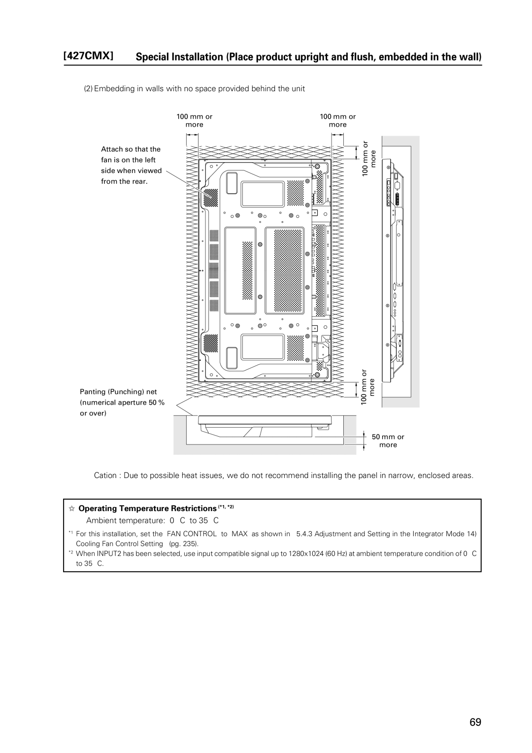 Pioneer PDP 427CMX technical manual Embedding in walls with no space provided behind the unit 