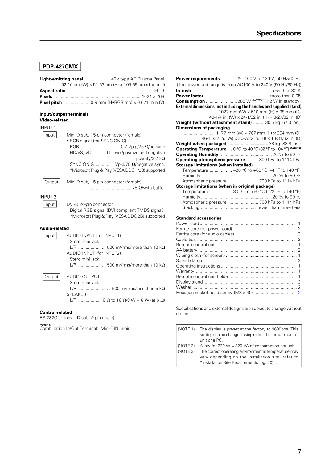 Pioneer PDP 427CMX technical manual 42V type AC Plasma Panel 