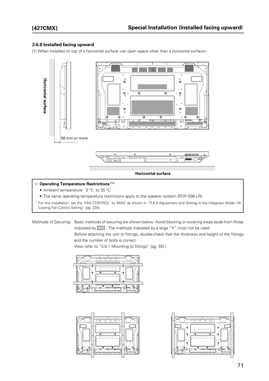 Pioneer PDP 427CMX technical manual 427CMX Special Installation Installed facing upward, Horizontal surface 