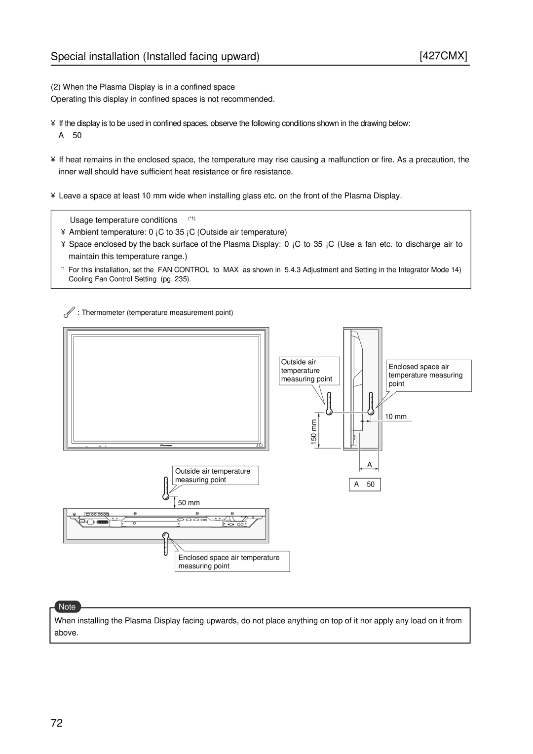 Pioneer PDP 427CMX technical manual Special installation Installed facing upward 427CMX, Usage temperature conditions *1 