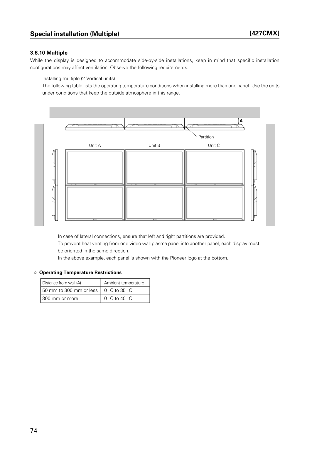 Pioneer PDP 427CMX technical manual Special installation Multiple 427CMX 