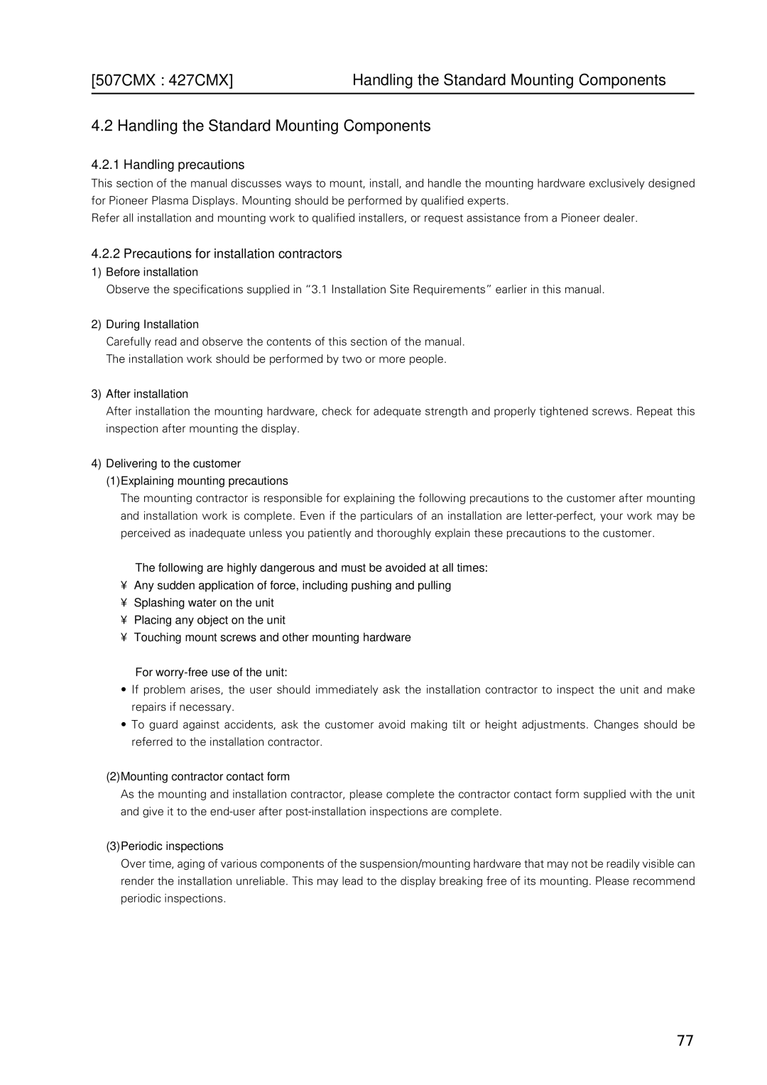 Pioneer PDP 427CMX technical manual 507CMX 427CMX Handling the Standard Mounting Components, Handling precautions 