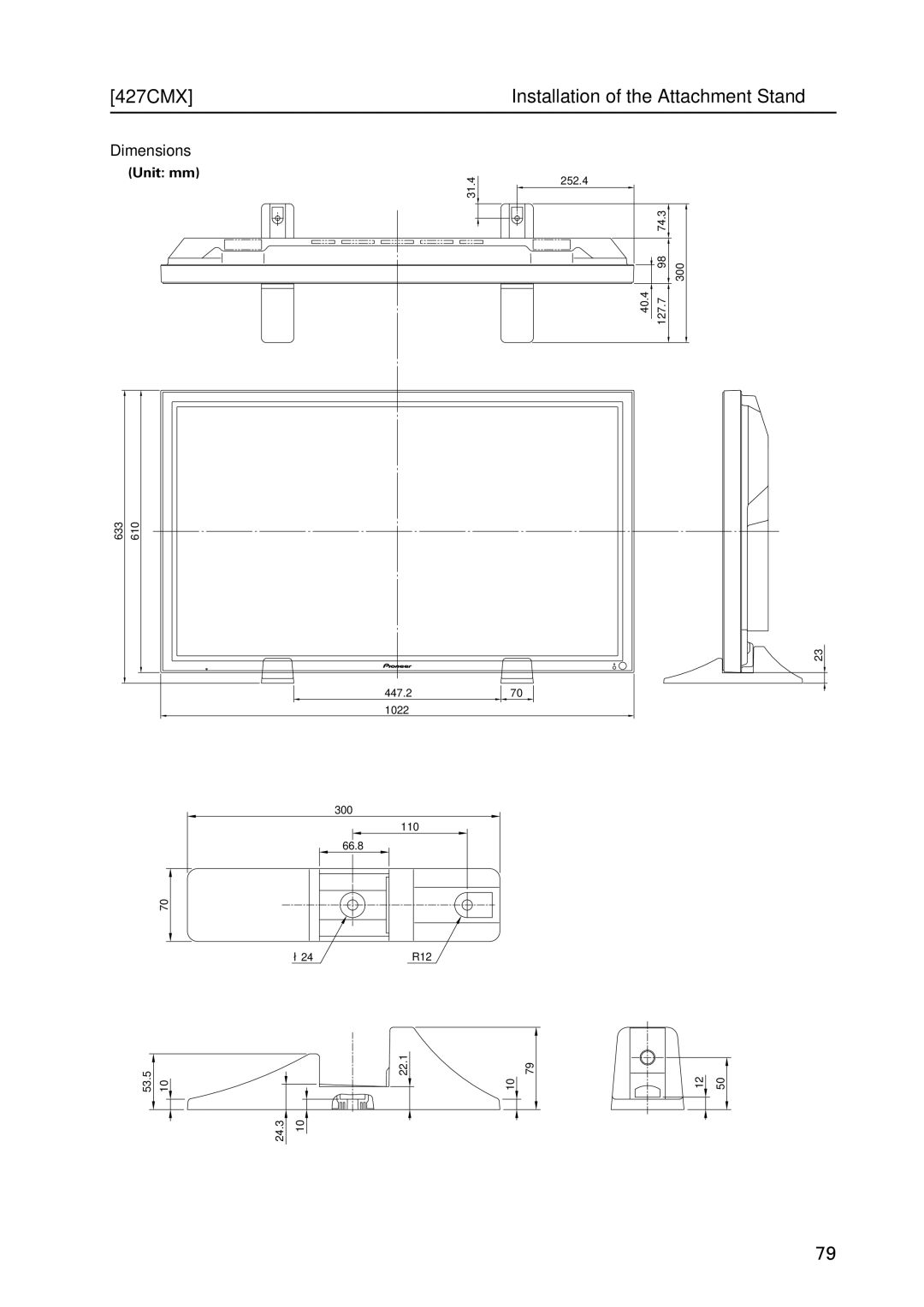 Pioneer PDP 427CMX technical manual 427CMX Installation of the Attachment Stand, Dimensions 