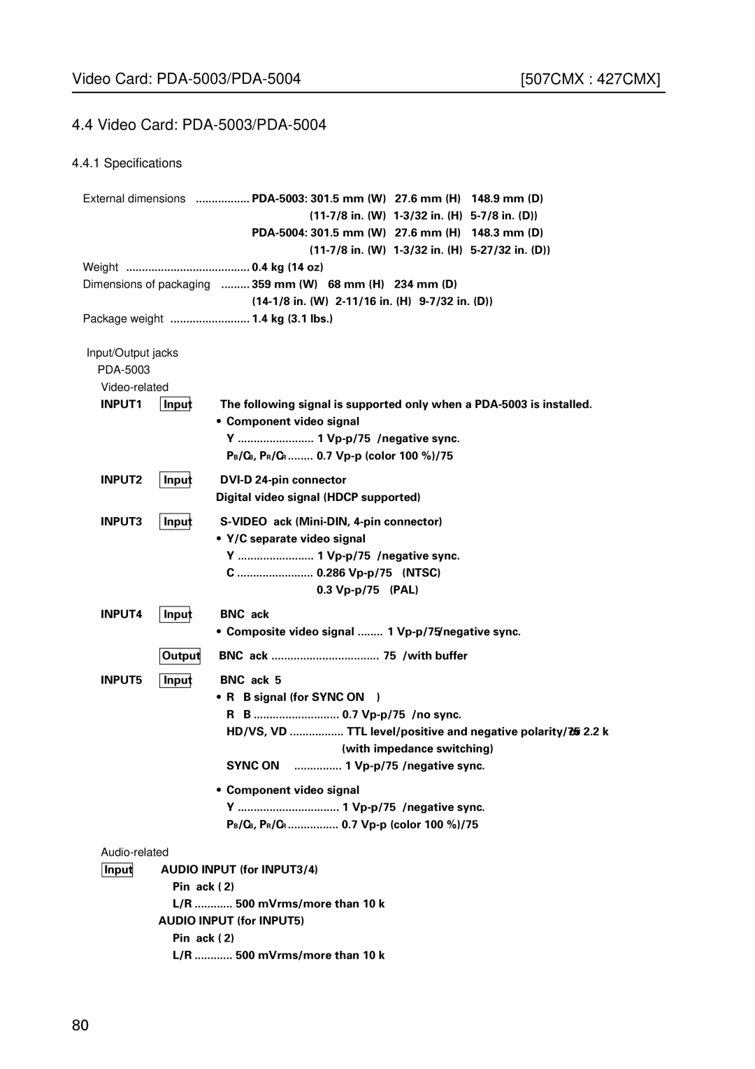 Pioneer PDP 427CMX technical manual Video Card PDA-5003/PDA-5004 507CMX 427CMX, Specifications 