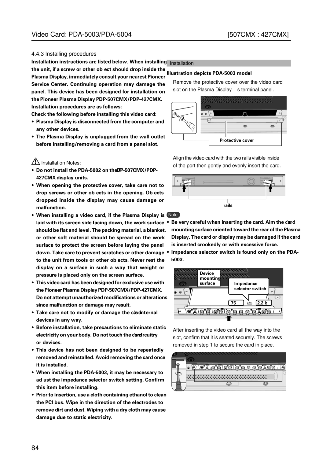 Pioneer PDP 427CMX technical manual Installing procedures, Installation Notes, Illustration depicts PDA-5003 model 