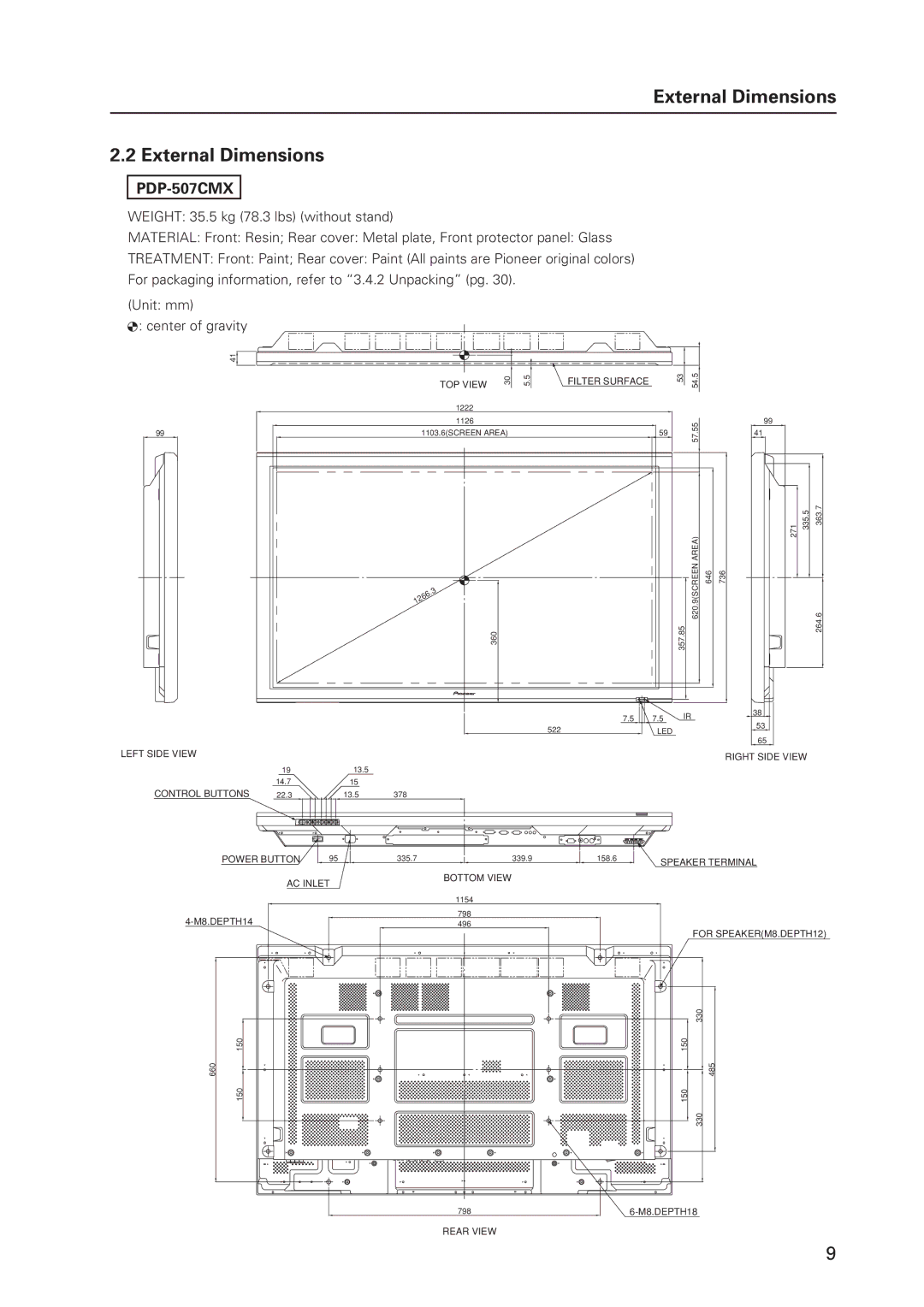 Pioneer PDP 427CMX technical manual External Dimensions, TOP View Filter Surface 