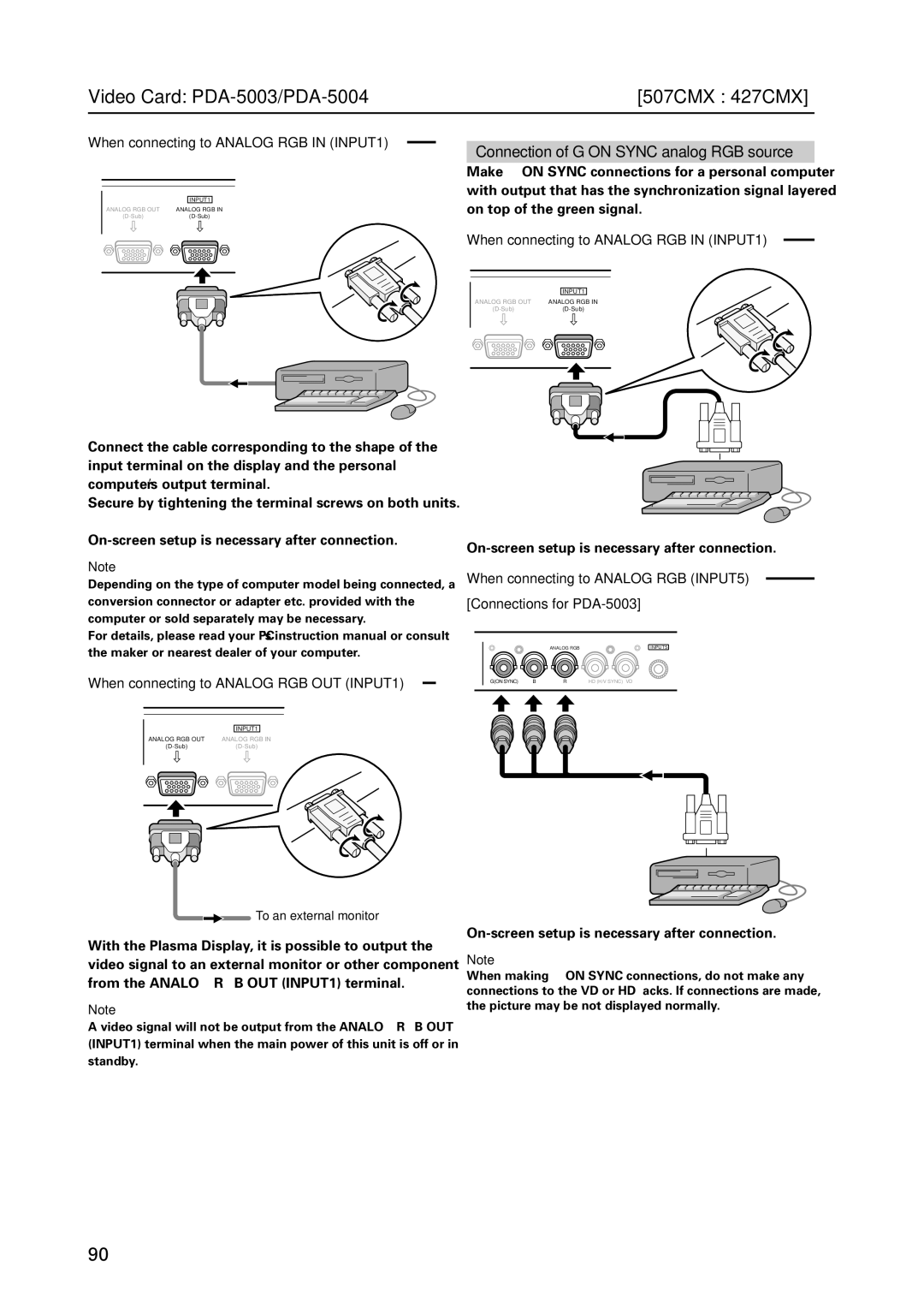 Pioneer PDP 427CMX technical manual When connecting to Analog RGB OUT INPUT1, To an external monitor 