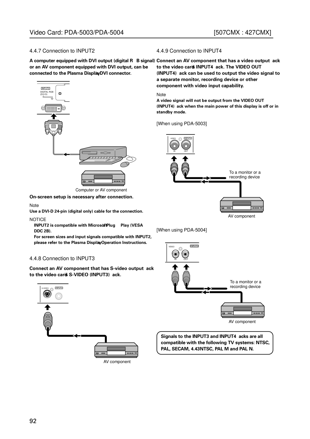 Pioneer PDP 427CMX Connection to INPUT2, Connection to INPUT3, Connection to INPUT4, Computer or AV component 