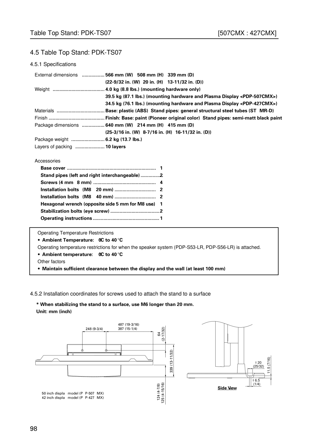 Pioneer PDP 427CMX technical manual Table Top Stand PDK-TS07 507CMX 427CMX, Package dimensions, Other factors 