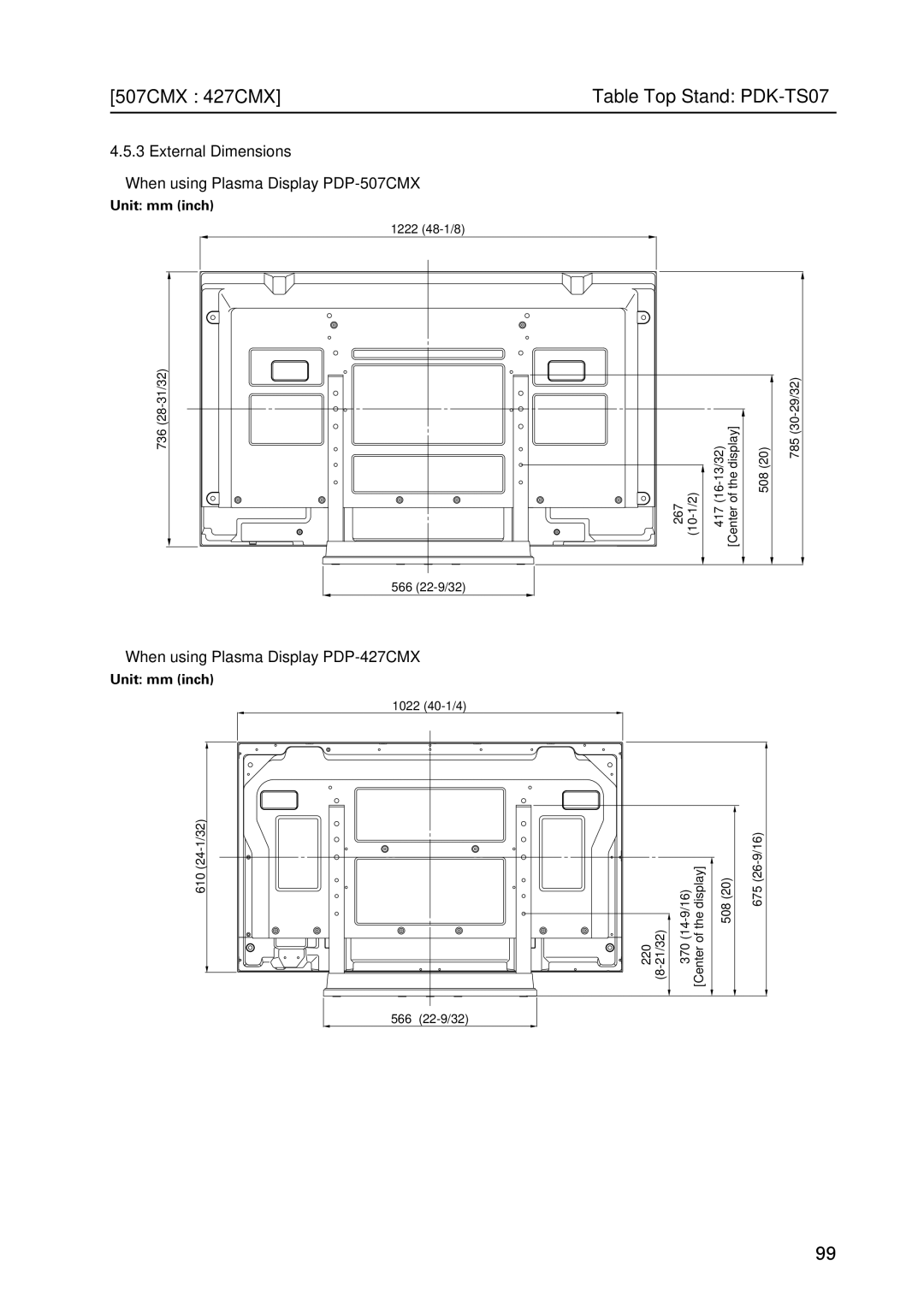 Pioneer PDP 427CMX External Dimensions When using Plasma Display PDP-507CMX, When using Plasma Display PDP-427CMX 