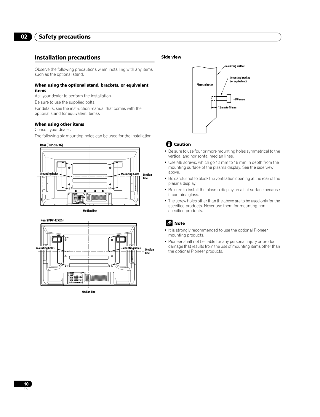 Pioneer PDP-427XG, PDP-507XG manual Safety precautions Installation precautions, Side view, When using other items 