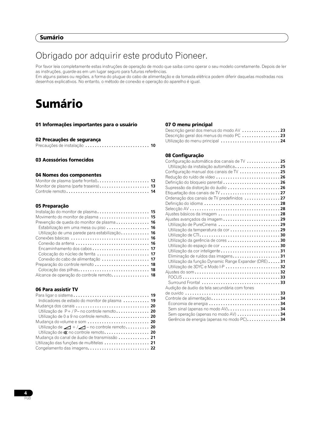 Pioneer PDP-427XG, PDP-507XG manual Sumário 