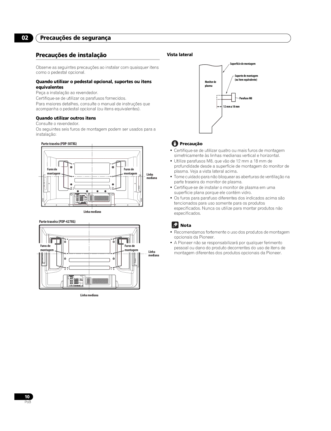 Pioneer PDP-427XG, PDP-507XG manual Precauções de segurança Precauções de instalação, Quando utilizar outros itens 