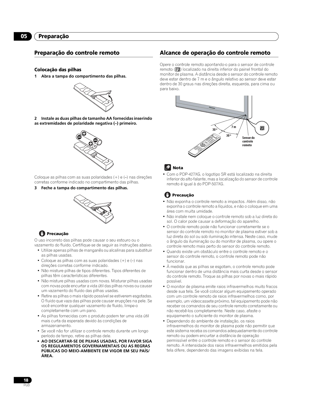 Pioneer PDP-427XG Preparação Preparação do controle remoto, Alcance de operação do controle remoto, Colocação das pilhas 