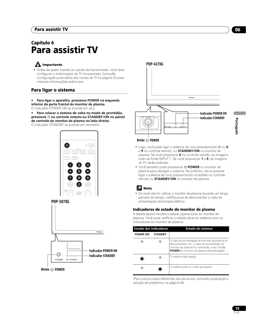 Pioneer PDP-507XG, PDP-427XG manual Para assistir TV Capítulo, Para ligar o sistema 