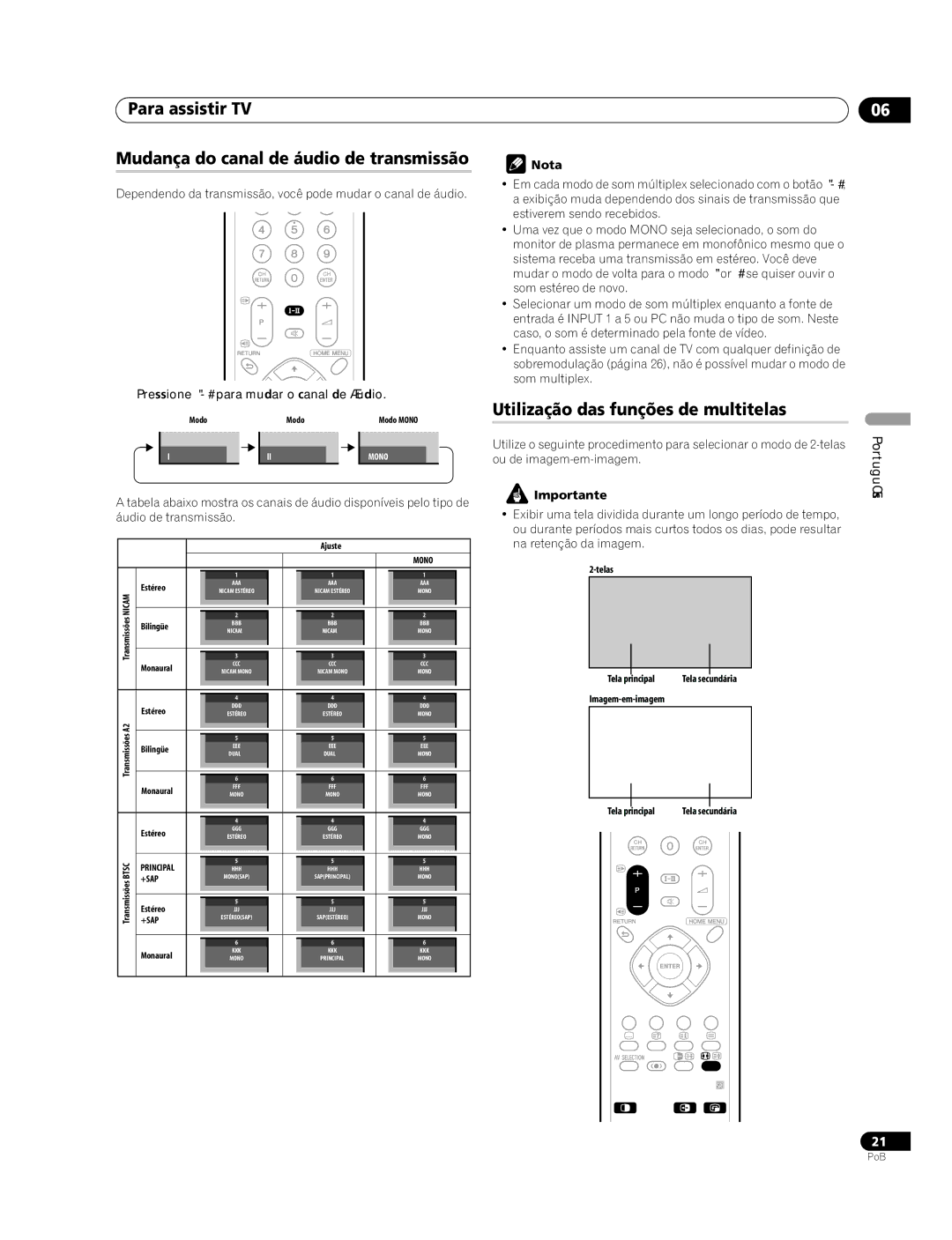 Pioneer PDP-507XG manual Para assistir TV Mudança do canal de áudio de transmissão, Utilização das funções de multitelas 