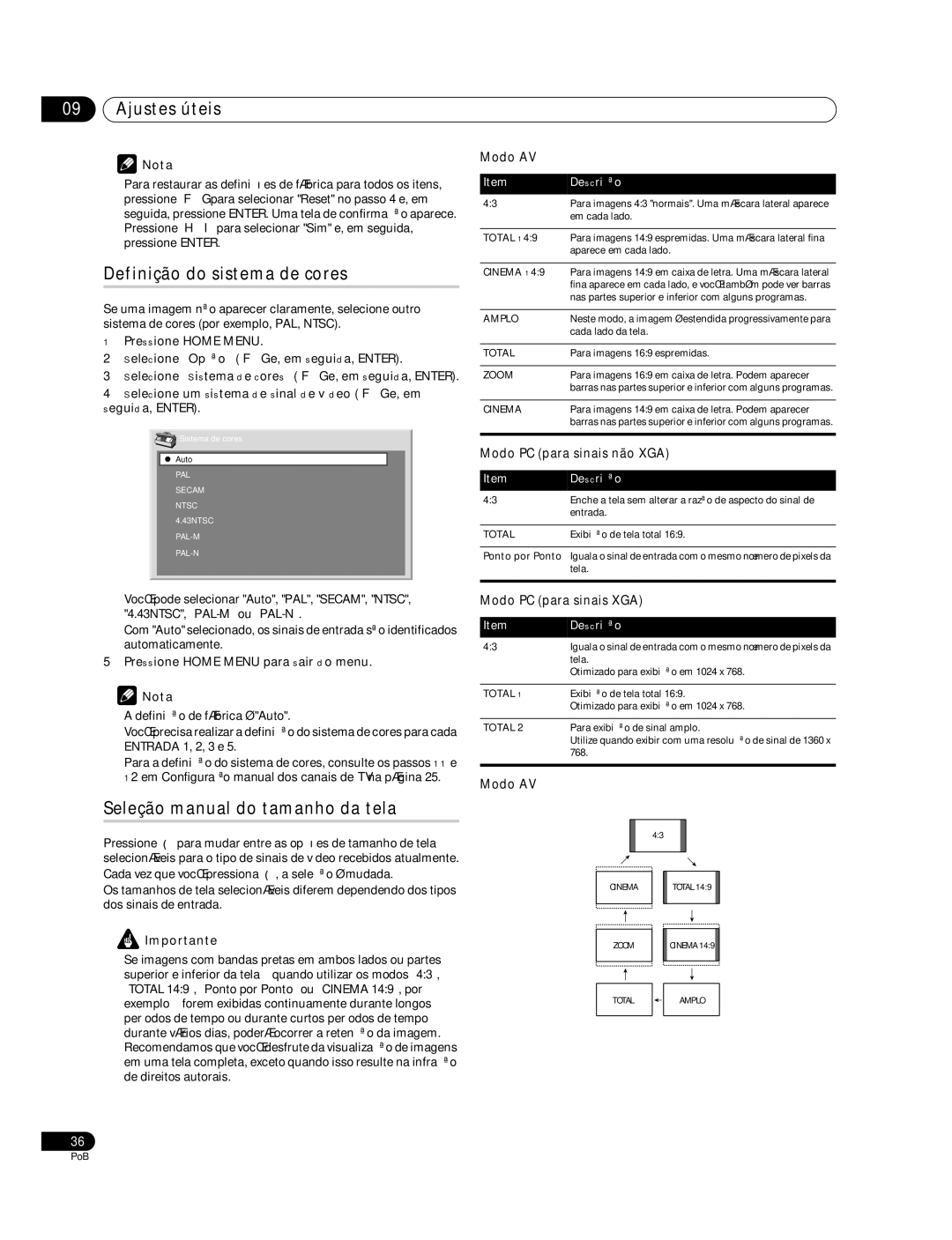 Pioneer PDP-427XG Ajustes úteis, Definição do sistema de cores, Seleção manual do tamanho da tela, Modo PC para sinais XGA 