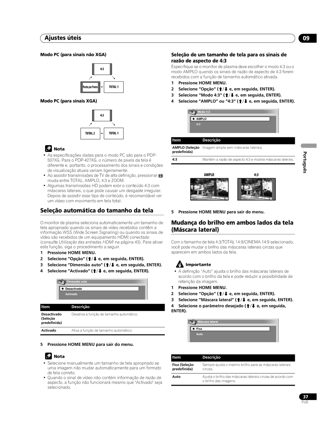 Pioneer PDP-507XG manual Seleção automática do tamanho da tela, Mudança do brilho em ambos lados da tela Máscara lateral 