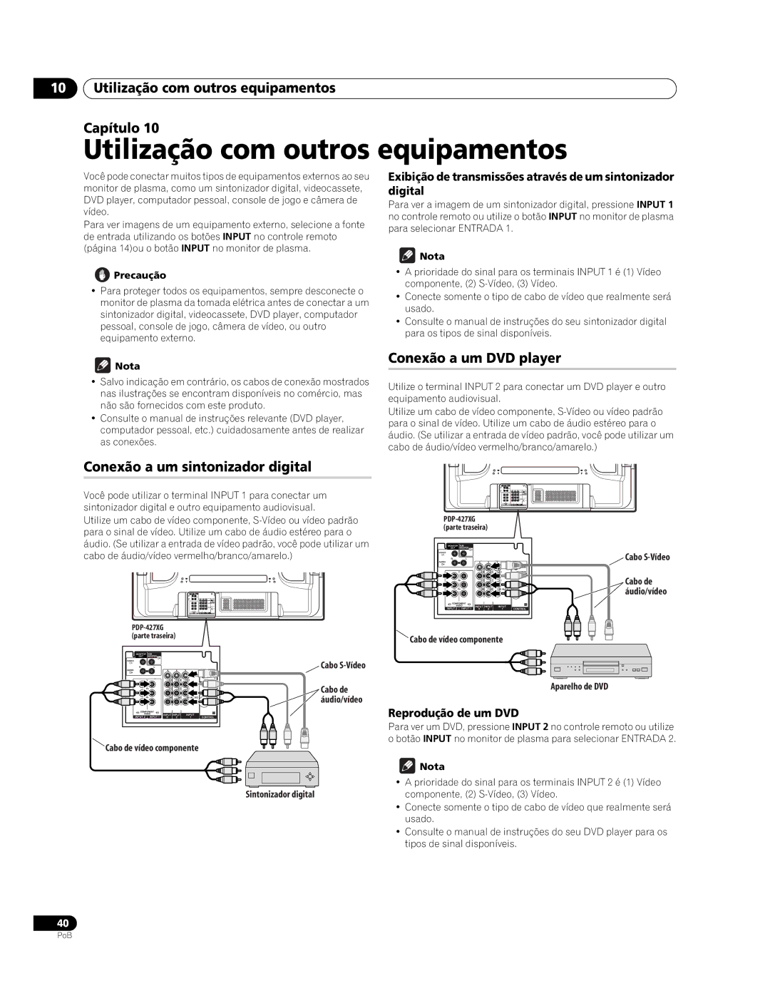 Pioneer PDP-427XG, PDP-507XG manual Utilização com outros equipamentos Capítulo, Conexão a um DVD player 