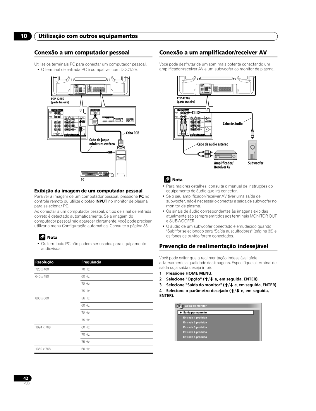 Pioneer PDP-427XG, PDP-507XG manual Conexão a um amplificador/receiver AV, Prevenção de realimentação indesejável, Cabo RGB 