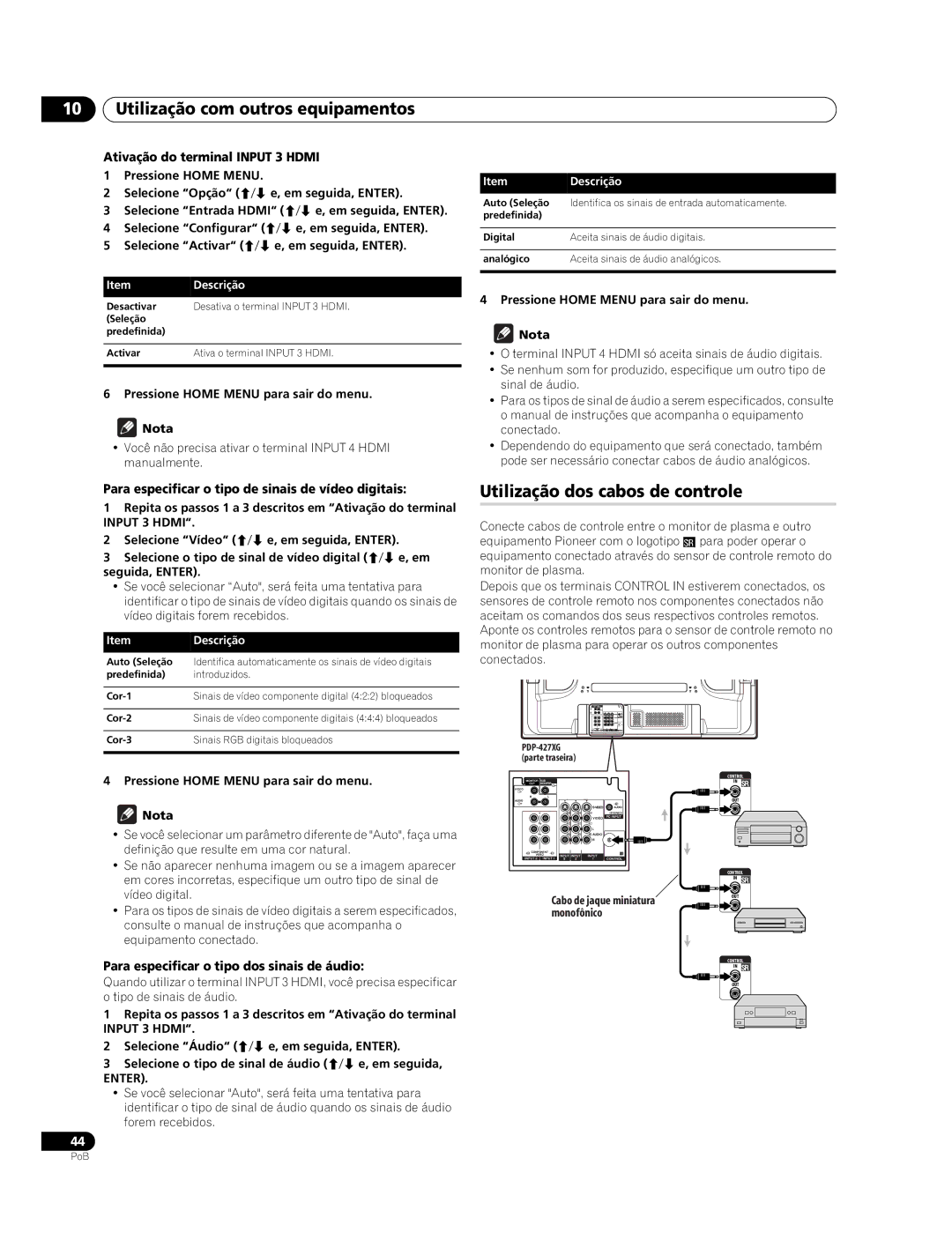 Pioneer PDP-427XG, PDP-507XG manual Utilização dos cabos de controle, Ativação do terminal Input 3 Hdmi 