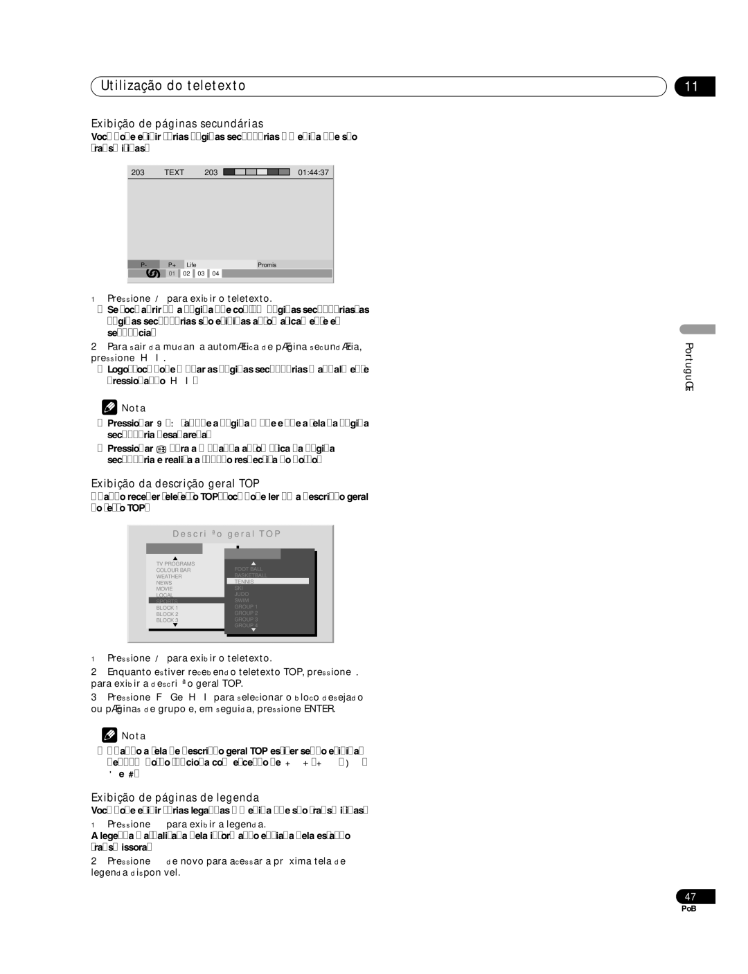 Pioneer PDP-507XG, PDP-427XG Utilização do teletexto, Exibição de páginas secundárias, Exibição da descrição geral TOP 