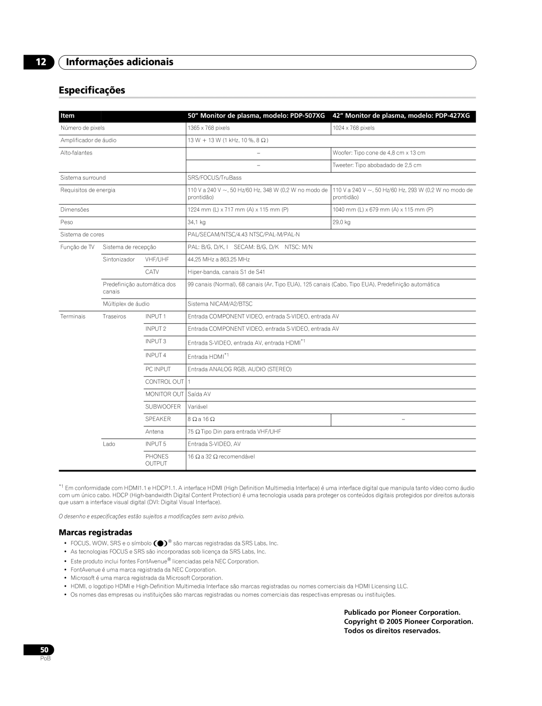 Pioneer PDP-427XG, PDP-507XG manual Informações adicionais Especificações, Marcas registradas 